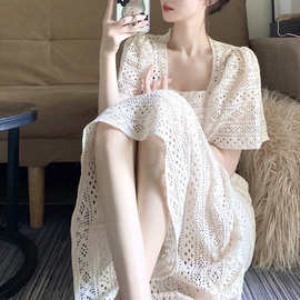 茶歇法式蕾丝连衣裙女夏季2024新款高级感气质长裙温柔风仙女裙子