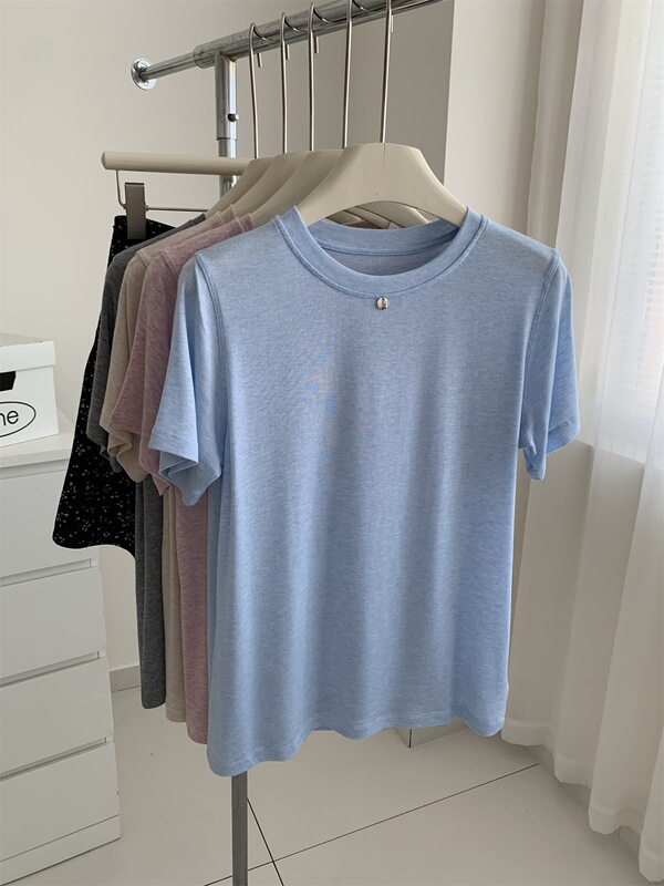 Minimalist Korean-Style Tencel Wool Sequin T-Shirt for Women, Soft and Skin-Friendly, Solid Color, Round Neck, Short Sleeve, Summer 2026