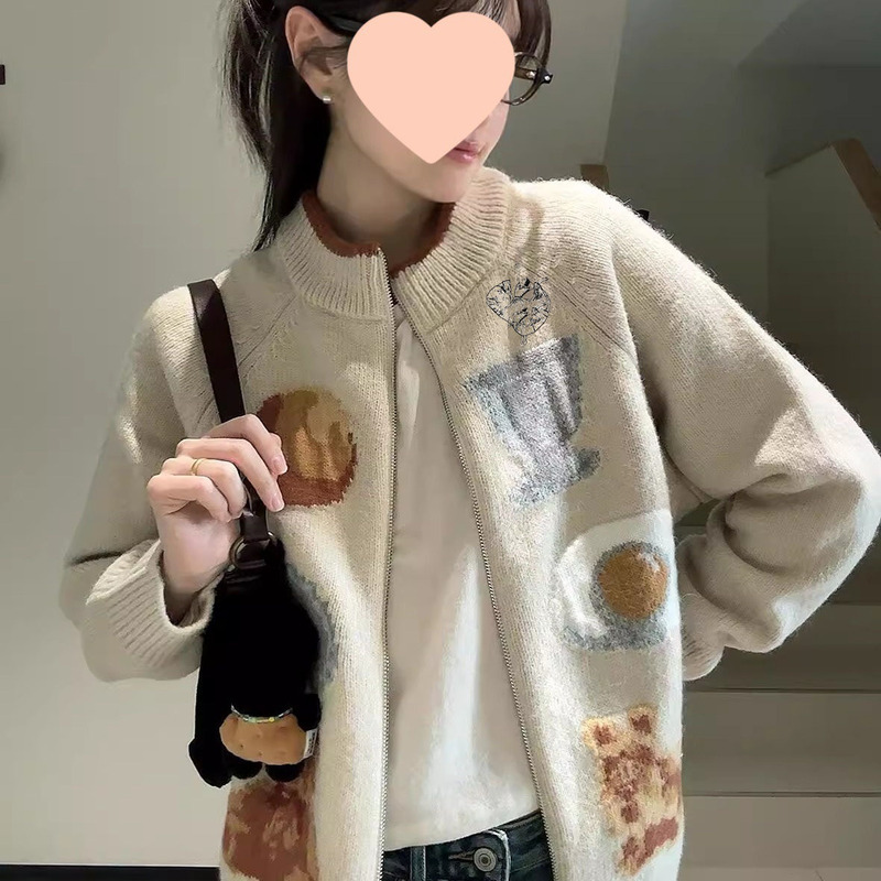 美式学院风针织开衫女秋冬拉链外穿提花毛衣外套宽松慵懒设计感潮|undefined