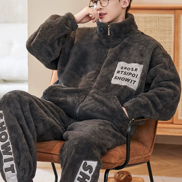Мужской зимний пижамный костюм из кораллового бархата fleece, утепленный фланелевый демисезонный комплект, увеличенная толщина, плюс размер
