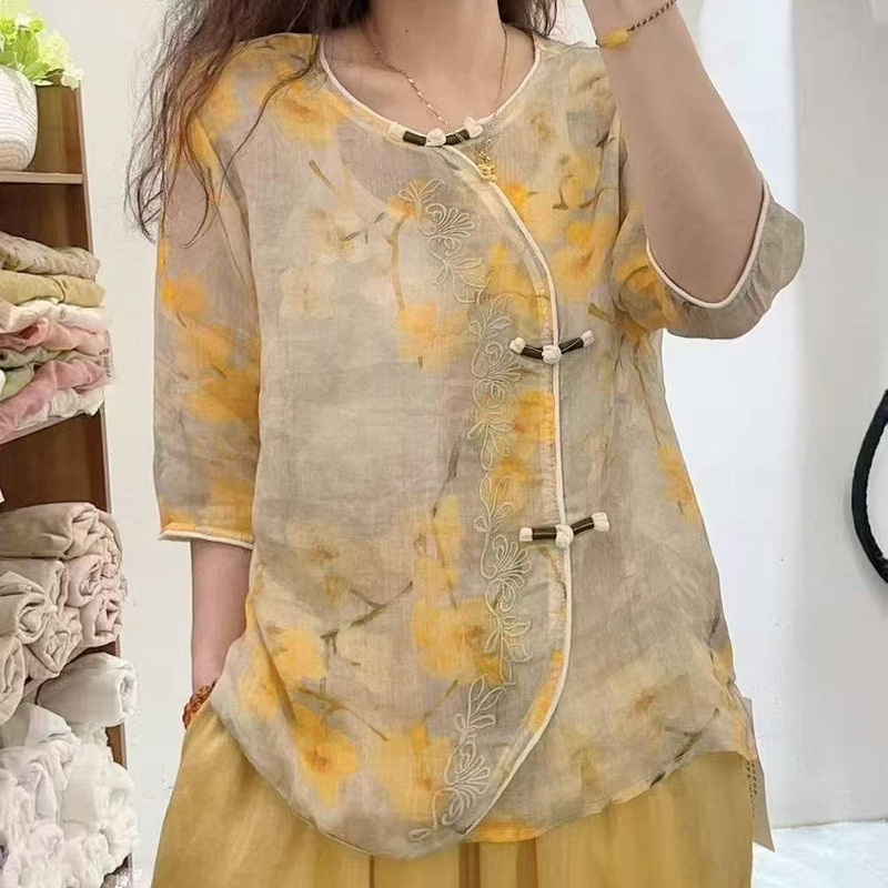 Ramie shirt, 2026 summer collection, pure embroidered shirt, new Chinese-style loose-fitting ramie top, lightweight women's blouse