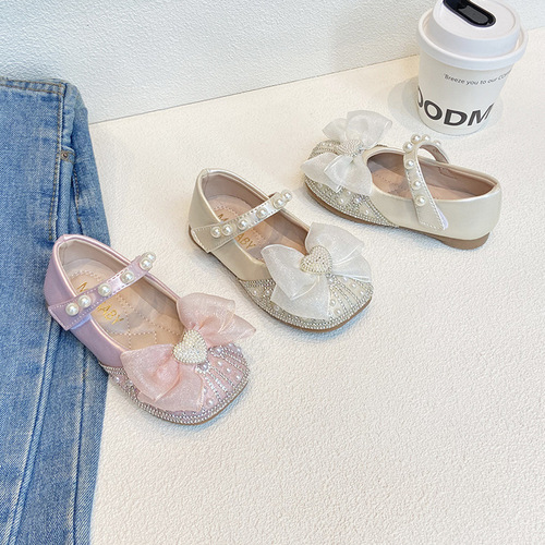 Korean Sweet Large Bow Girl's Princess Shoes with Water Stones  Autumn New Children's Small Leather Shoes Pearl Single Shoes