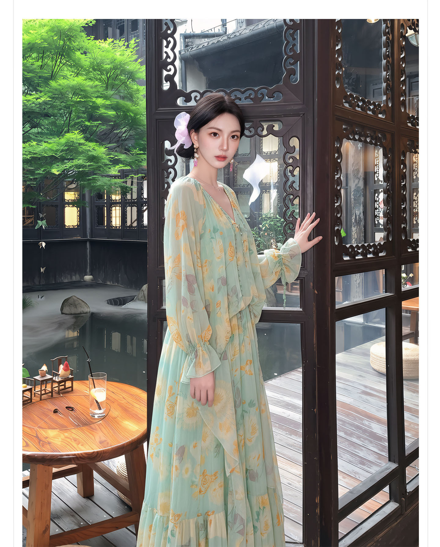 Đầm maxi nữ thắt eo phong cách Tân Trung Hoa in họa tiết thiết kế giả hai lớp — Thiên Thanh chi tiết 7