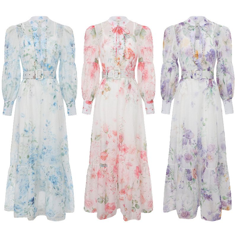 Cross-Border Foreign Trade Women's Clothing, Heavy Beading, Stand-Up Collar, Lantern Sleeves, Dress with Waist-Cinching, Elegant Ruffled Print Long Dress Cross-Border Foreign Trade Women's Clothing, Heavy Beading, Stand-Up Collar, Lantern Sleeves, Dress with Waist-Cinching, Elegant Ruffled Print Long Dress