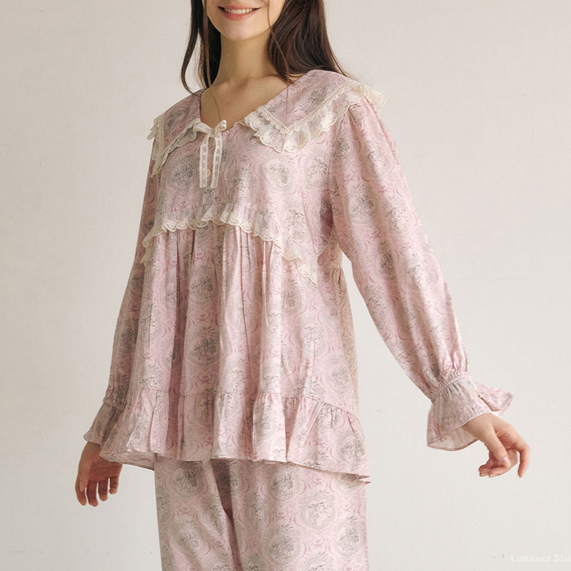Korean Pure Cotton Pajamas for Women Spring & Fall Cotton Sweet Lace Doll Collar Long Sleeves Can Be Worn Outside Home Clothes Wholesale