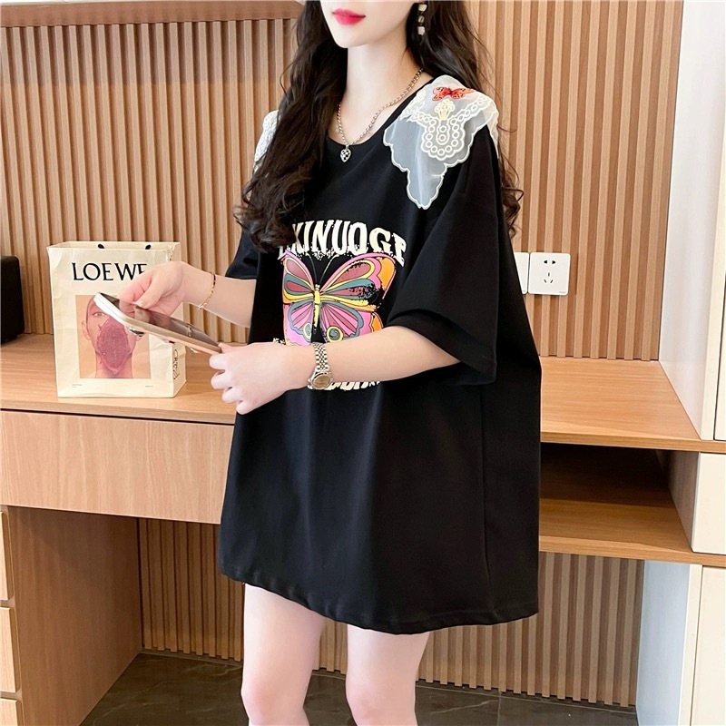 Plus-Size Women's Clothing with Intricate Butterfly Embroidery, Short-Sleeve T-Shirt, New Summer 2026 Style, Loose Korean-Style Top, Trendy Summer Wear