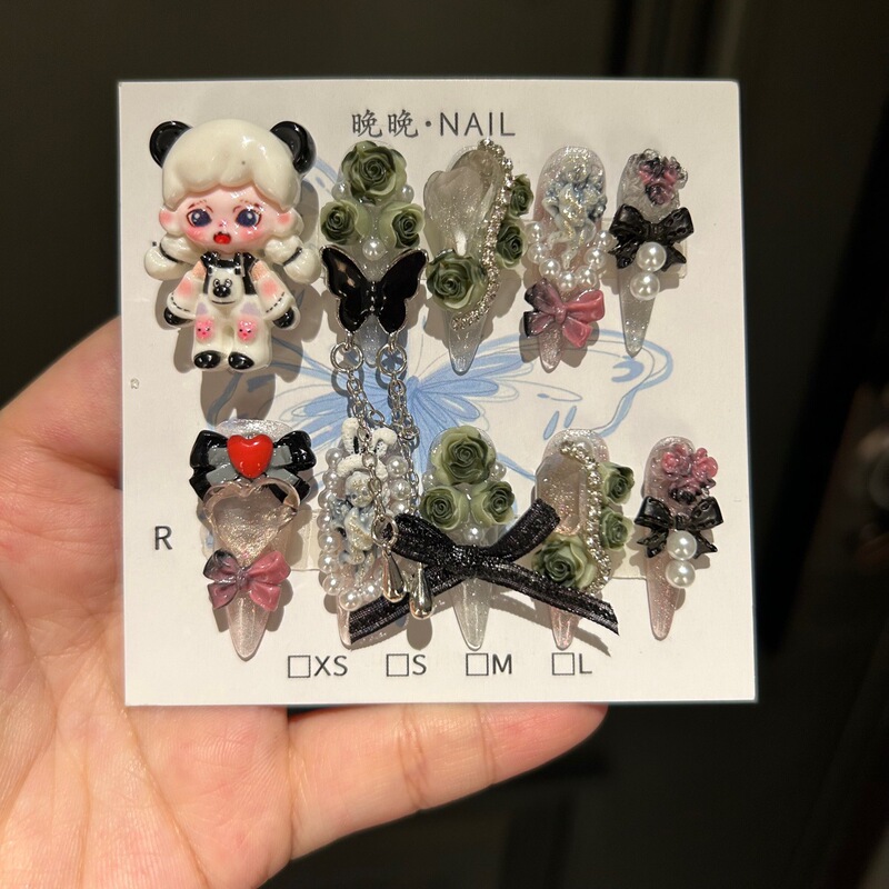 Original Nail Art Heavy Industry Handmade Wear Armor Grey Rose Ins Feng Shui Mojiang South Net Celebrity False Nail Patch