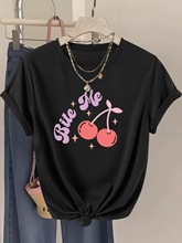 大樱桃印花日韩女式时装休闲百搭宽松版纯棉圆领简约短袖T恤上衣