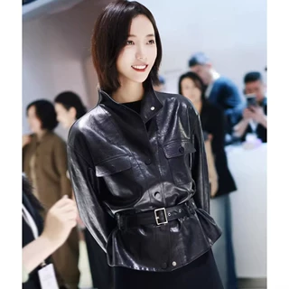 王珞丹同款真皮皮衣女2026秋季新款宽松高领单排扣绵羊皮夹克外套