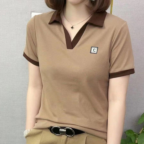 Cross-border summer simple versatile stylish fashionable round neck solid color new polo collar short sleeve women's top POLO