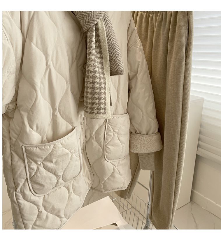 Collarless lamb wool splicing light and thin winter Korean version loose small fragrant dia plaid warm cotton jacket_voghion.com