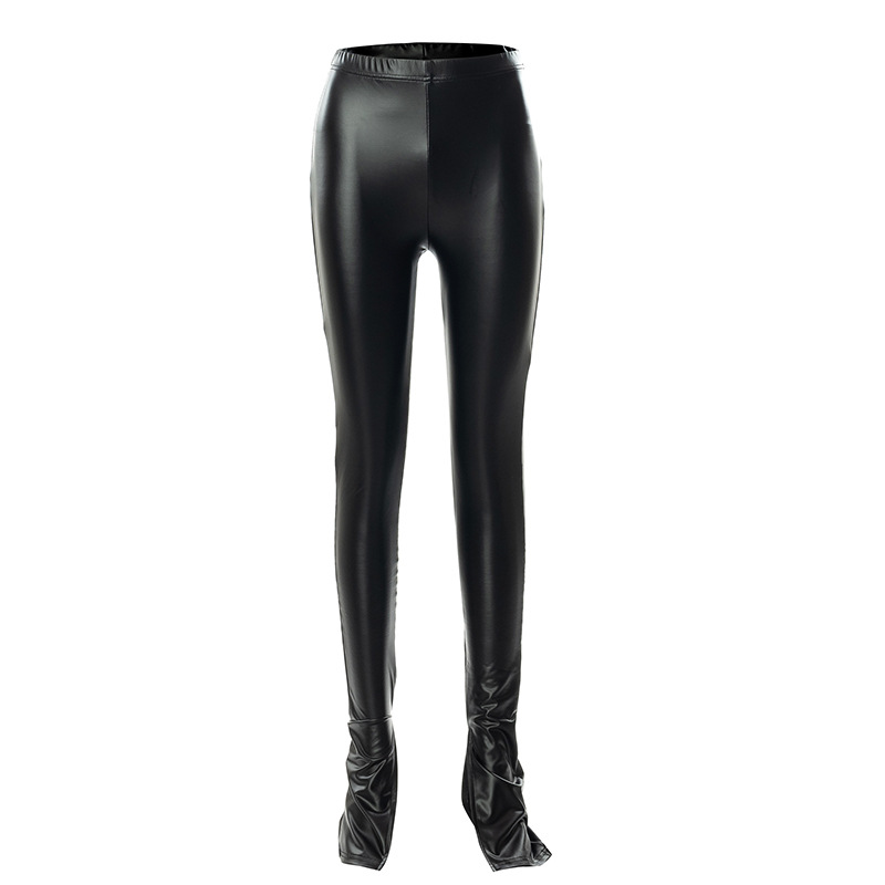 solid color high-waist hollow slit leather pants NSCBB121726