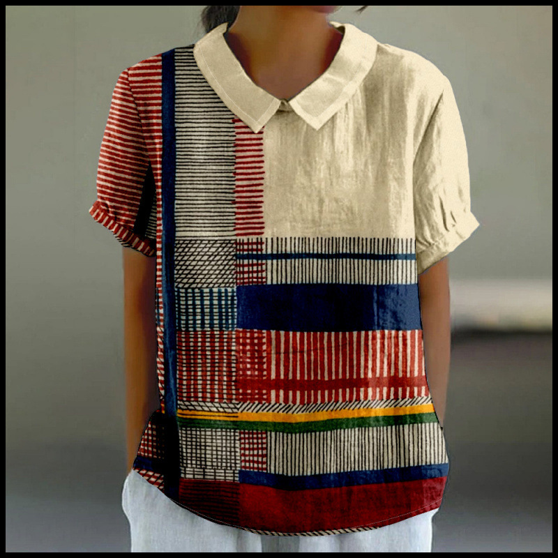 2025 Cross-Border New Style Floral Element Shading 3D Digital Printing Loose Casual Women's Lapel T-Shirt Polo Shirt