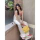 White Ancient Style Denim Strap Pants Women's Summer New High Waist Loose Short Straight Leg Wide Leg Pants Long Pants