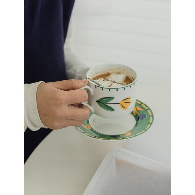 复古郁金香粉色少女心马克杯下午茶陶瓷杯碟套装喝水咖啡杯子韩式|undefined