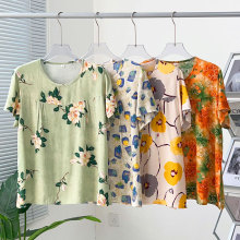 中老年人造棉短袖T恤女棉绸妈妈衫夏季新款宽松大码薄款套头休闲