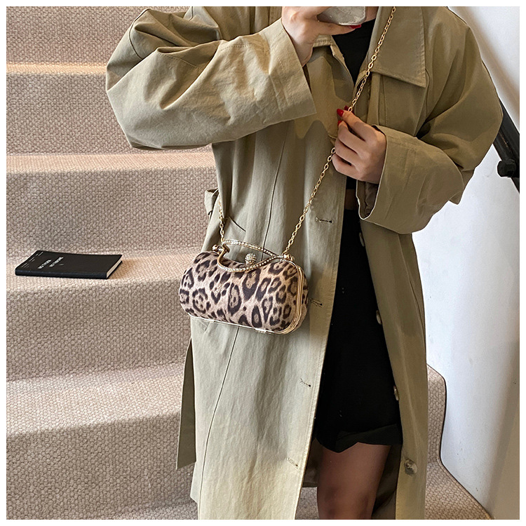 European and American style leopard print chain small square bag for women, 2024 new Korean style fashionable single-shoulder bag, flared crossbody dinner bag undefined