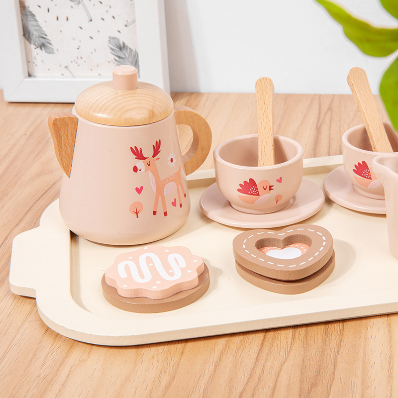 Simulación de jugar a la casa té de la tarde postre pastel tetera taza juego de té juguetes de madera juguetes de desayuno para niños
