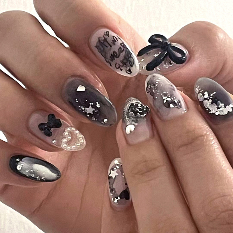 Black three-dimensional bow wear nail Pearl Love star nail beauty piece gradient sequin letter almond nail piece Black three-dimensional bow wear nail Pearl Love star nail beauty piece gradient sequin letter almond nail piece