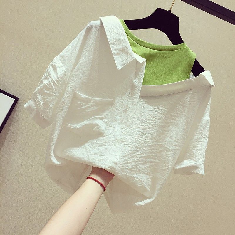 Summer 2024 Fat Girl Design Off-Shoulder Asymmetrical Shirt Korean Style Casual Fake Two-Piece Short-Sleeved Top for Women