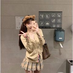 韩系套装千金针织开衫外套毛衣半身裙条纹收腰香风百褶三件套短裙