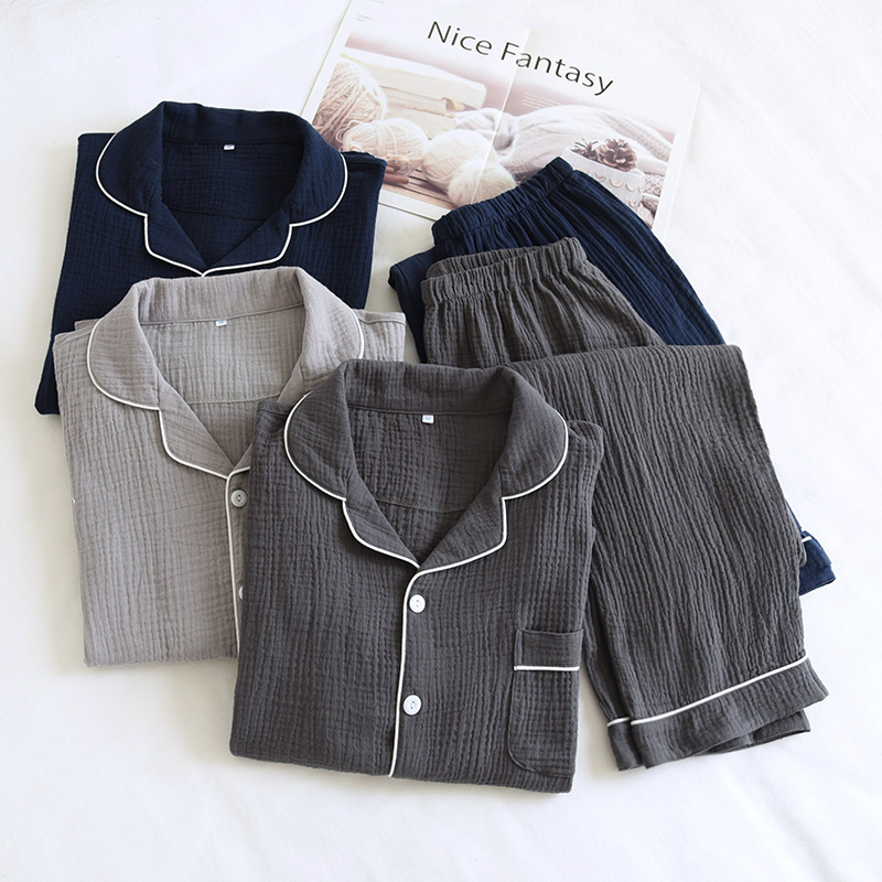 Crepe Home Clothes Men's Cotton Double-Layer Gauze Pajamas Dad's Suit Long-Sleeved Trousers Plus Size Suit