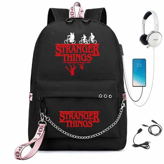 Рюкзак (Stranger Things) школьная сумка — USB-порт, железная цепь и лента, размер один