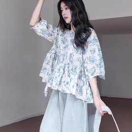 大码胖mm文艺减龄蝙蝠袖碎花衬衫女夏季设计感小众娃娃衫衬衣上衣