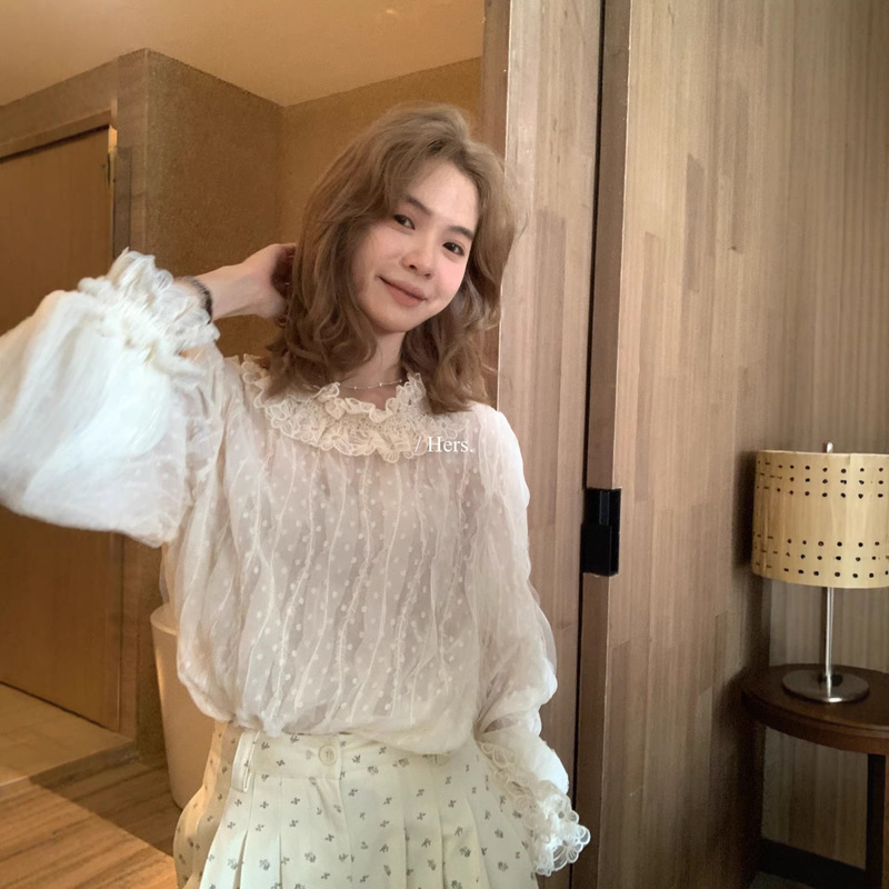 Hers a Spoonful of Sweetness: Summer Sweet and Gentle Style, Intricate Design, Silk Lace Collar, Blurred Effect Long Sleeve Blouse Hers a Spoonful of Sweetness: Summer Sweet and Gentle Style, Intricate Design, Silk Lace Collar, Blurred Effect Long Sleeve Blouse