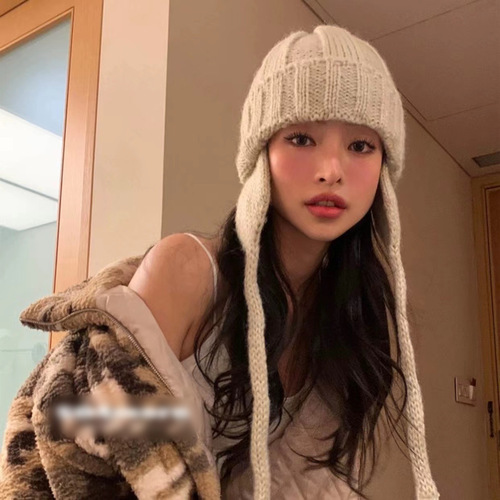 Ins Korean Autumn/Winter Warm Pure Color Knitted Wool Ear Hat, Versatile Cute Hooded Hat for Girls and Boys, Retro Cold Hat