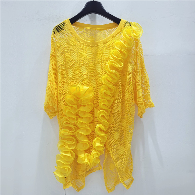 Jacquard estereoscópico hueco suelto gran tops de manga corta, camiseta de malla única de alta calidad para mujeres