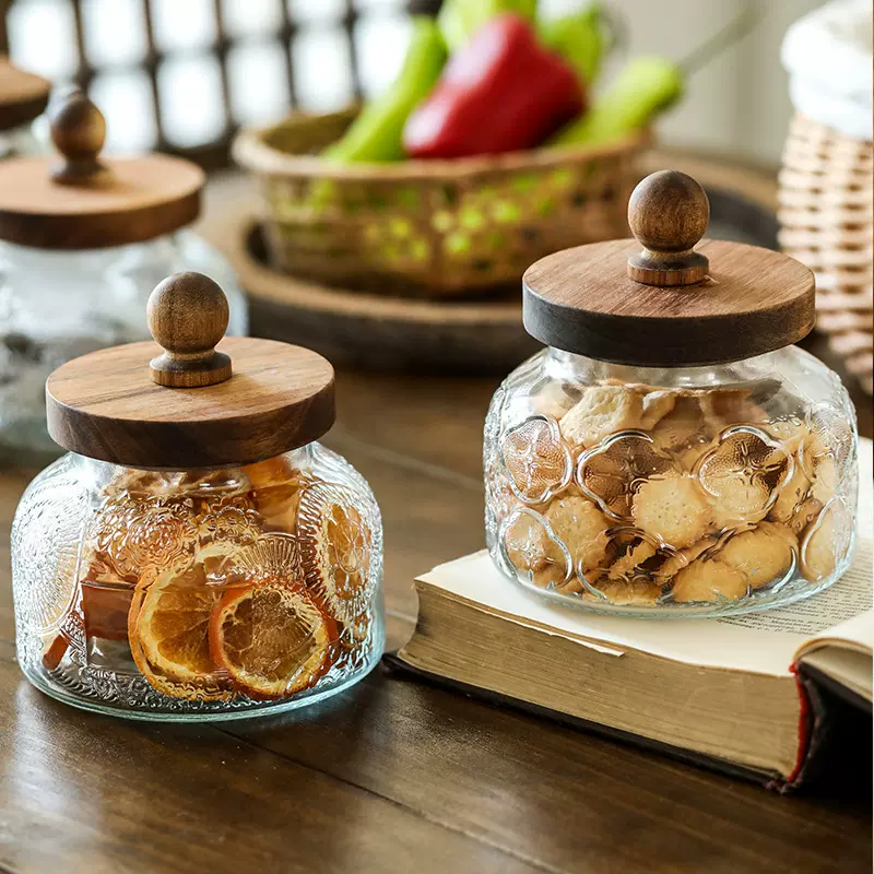 日式浮雕玻璃储物罐厨房透明杂粮干果收纳相思木密封瓶茶叶罐批发