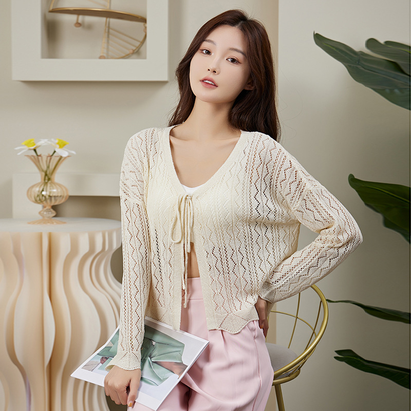 Summer New Hollow-out Sunscreen Knitted Cardigan Fashion V-Neck Long-sleeved Jacket Lazy Loose Women's Thin Top