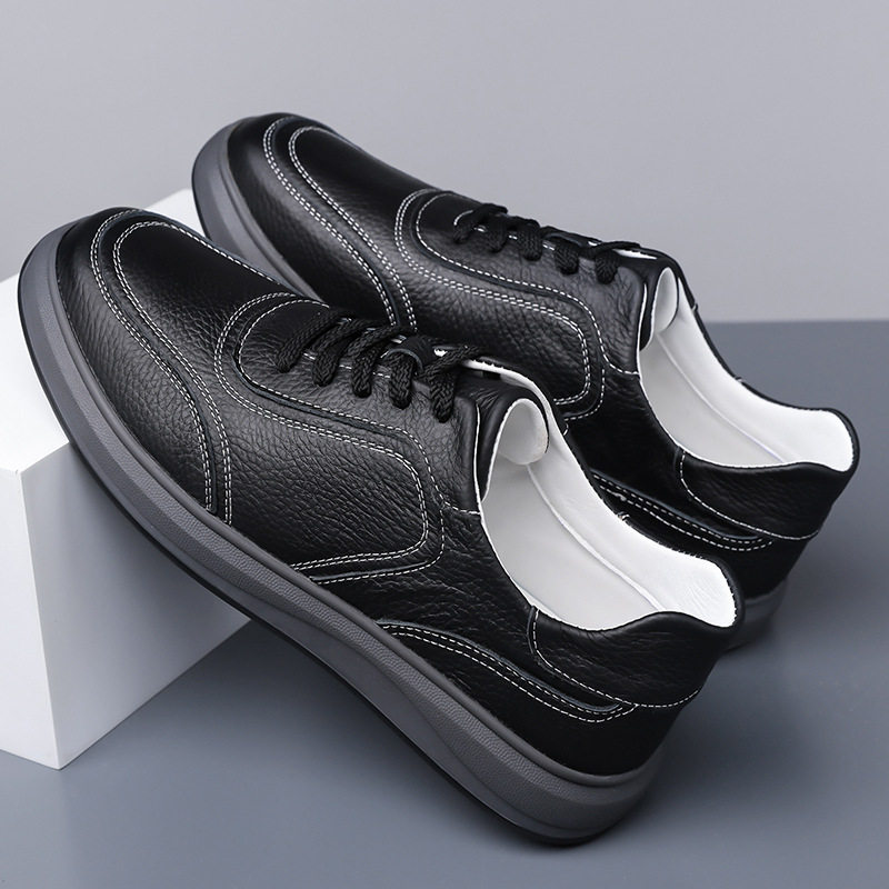 Giày sneaker nam da bò thật thoáng khí, giày trắng thời trang dây buộc phía trước — Màu trắng nhạt, màu trắng tinh khiết, màu xám, đen