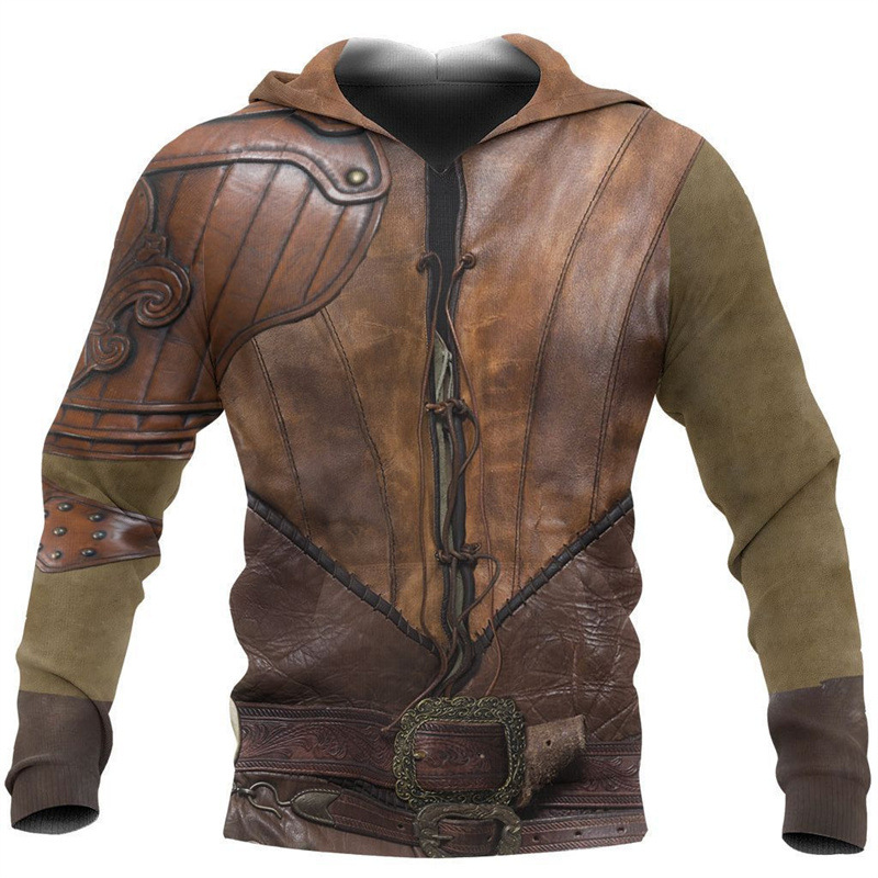 2024 Europa y América Primavera y otoño Moda nuevos hombres Viking Myth Series Cool Armor Print 3D Sudadera con capucha