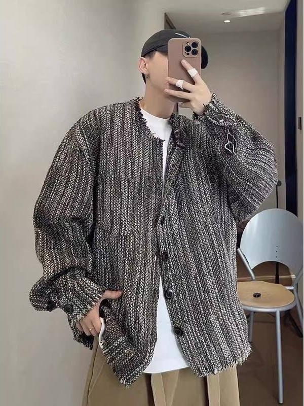 American Retro Collarless Knitted Long-Sleeved Shirt Men's Spring and Summer Vintage Lazy Style High-End Jacket