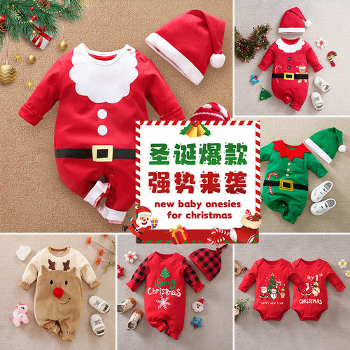 Baby Christmas one-piece suit Autumn style cross-border New Year crawling suit cotton long-sleeved hooded top clothing