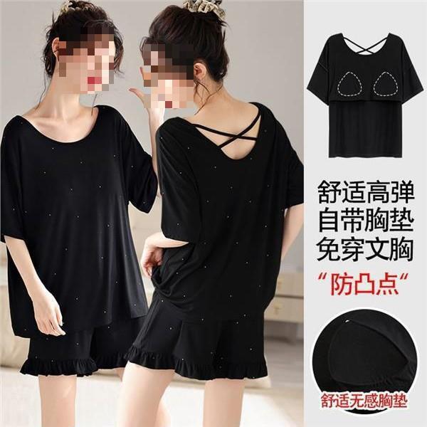 Women's Summer Modal Short-Sleeved Shorts with Breast Pads, Summer Thin Maternity Suit, Large Size, Can Be Worn Outside, New Style Women's Summer Modal Short-Sleeved Shorts with Breast Pads, Summer Thin Maternity Suit, Large Size, Can Be Worn Outside, New Style