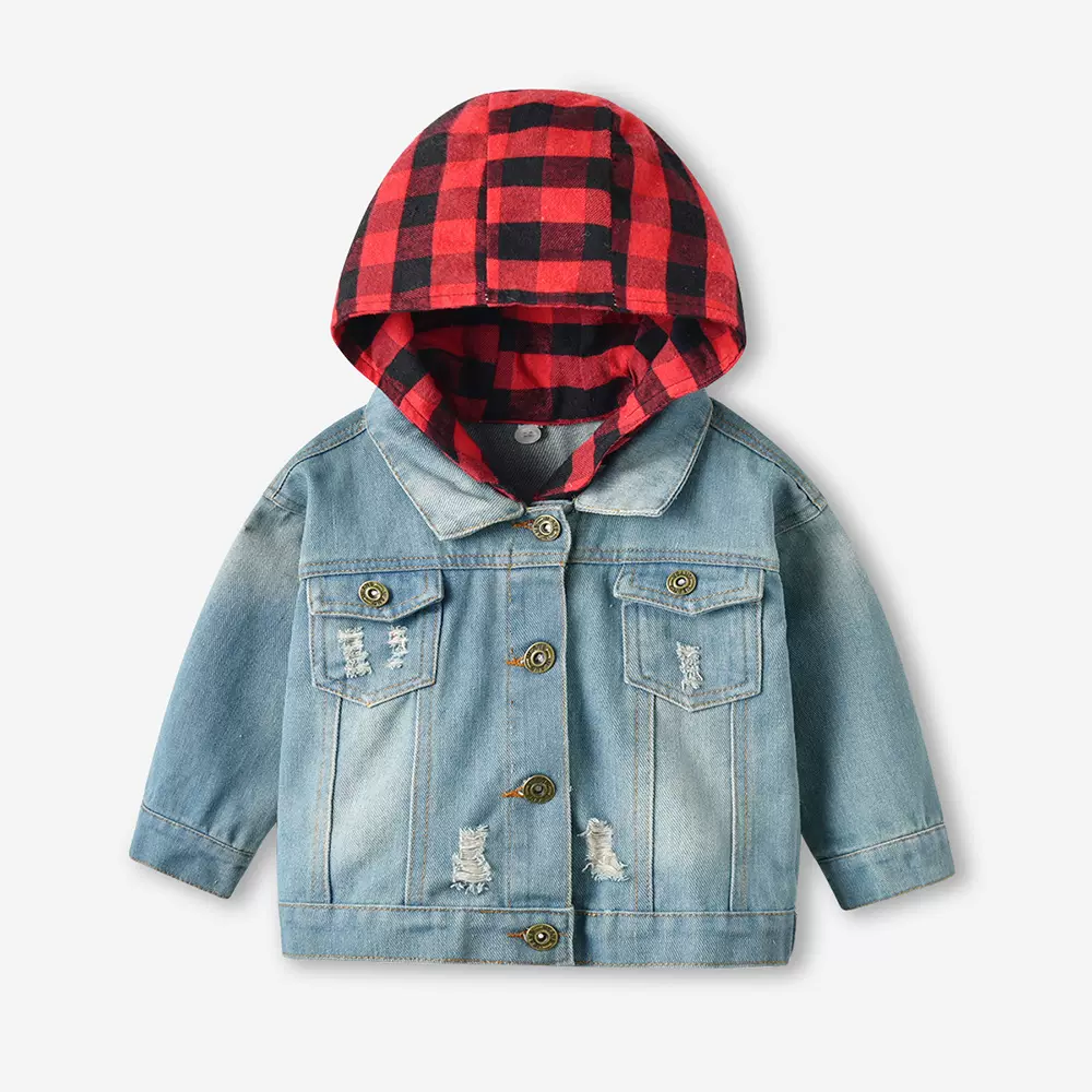 春季儿童中性长袖破洞连帽牛仔衣kids denim jacket 韩版牛仔外套