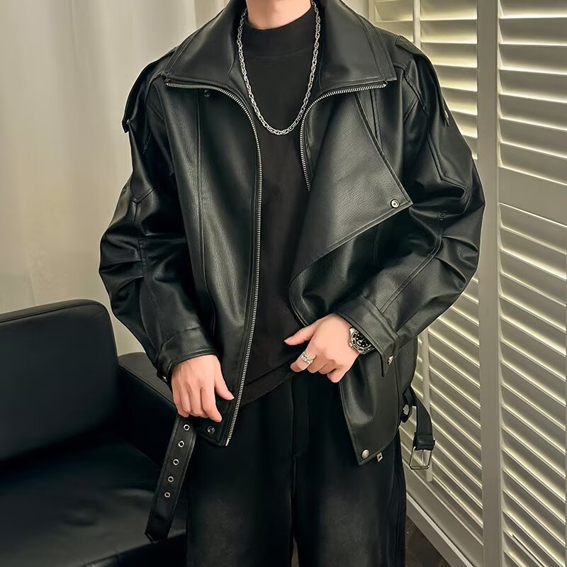 高级感翻领皮衣外套男士欧美风痞帅街头潮流机车服韩国PU皮夹克衫