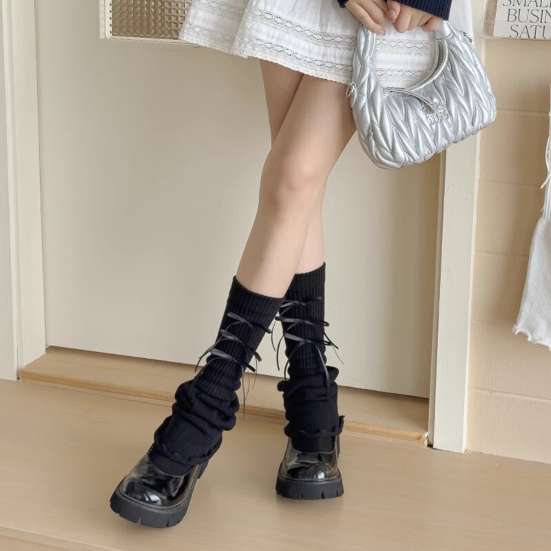 喇叭型春夏季薄款女款芭蕾蝴蝶结堆堆长筒灰色白色女生新款袜套|undefined