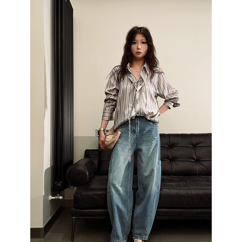 Designer Women's Clothing, Lazy and Casual Ripped Side Ba Flap Pocket Pants Straight Jeans