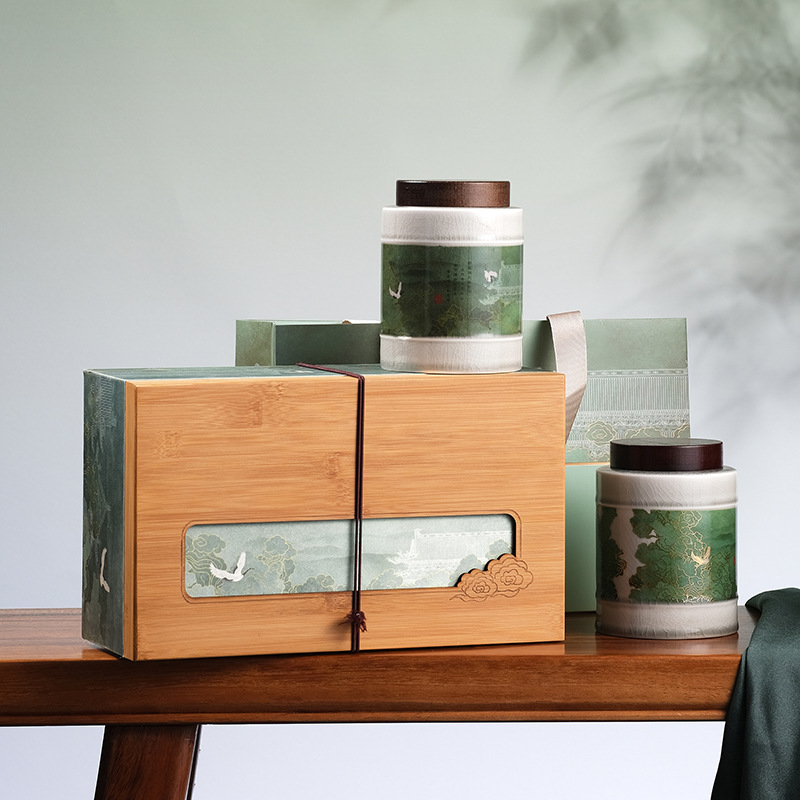 2024新款竹盒陶瓷绿茶茶叶包装盒空礼盒龙井茶狮峰梅家坞龙井盒子