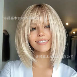 Temu热销直假发女棕色渐变金色刘海波波头短发全头套染色Bob Wig