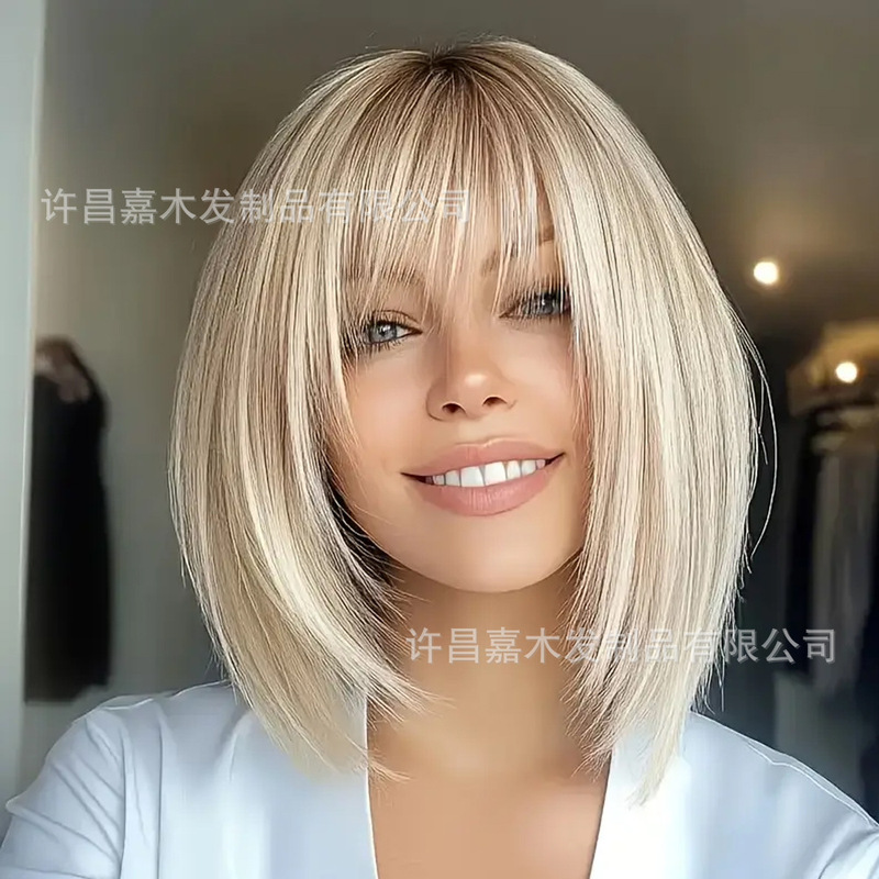 Temu Hot Selling Straight Wig Women's Brown Gradient Golden Bangs Haibo Wave Short Hair Full Head Cover Dyeing Bob Wig
