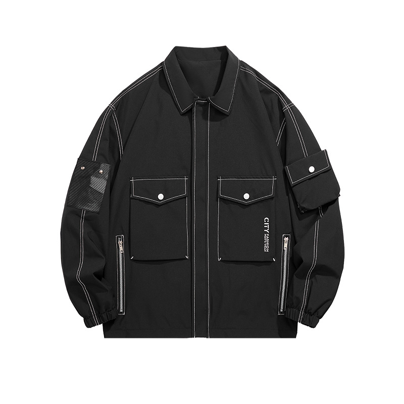 Men's Clothing trendy brand large size autumn windbreaker collar solid color two color line men's plus fat loose jacket outdoor windproof_voghion.com
