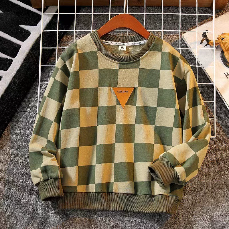 Children's Sweatshirt (SNC-J) Checkerboard Retro Thin Spring–Autumn, Boys 110–170 cm