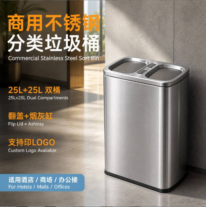 Commercial Stainless Steel Sorting Trash Cans with Swing Lids for Public Places, Customizable with Logo, High-End, Simple Design, Large Capacity, with Ash Tray Commercial Stainless Steel Sorting Trash Cans with Swing Lids for Public Places, Customizable with Logo, High-End, Simple Design, Large Capacity, with Ash Tray