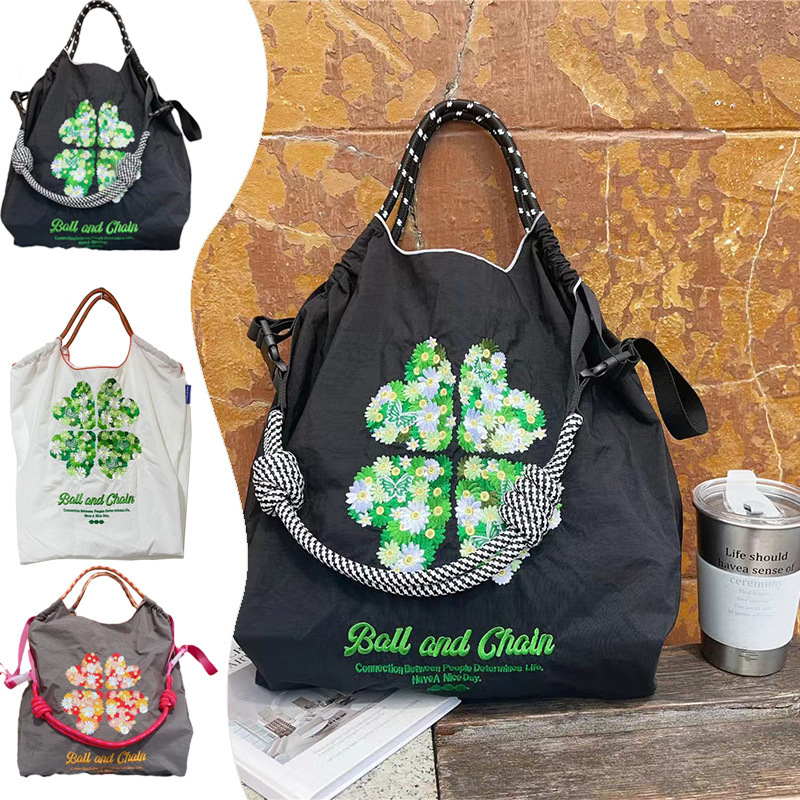 Cross-border popular Japanese ball chain clover embroidered shopping bag niche commuter large capacity shoulder bag fashion