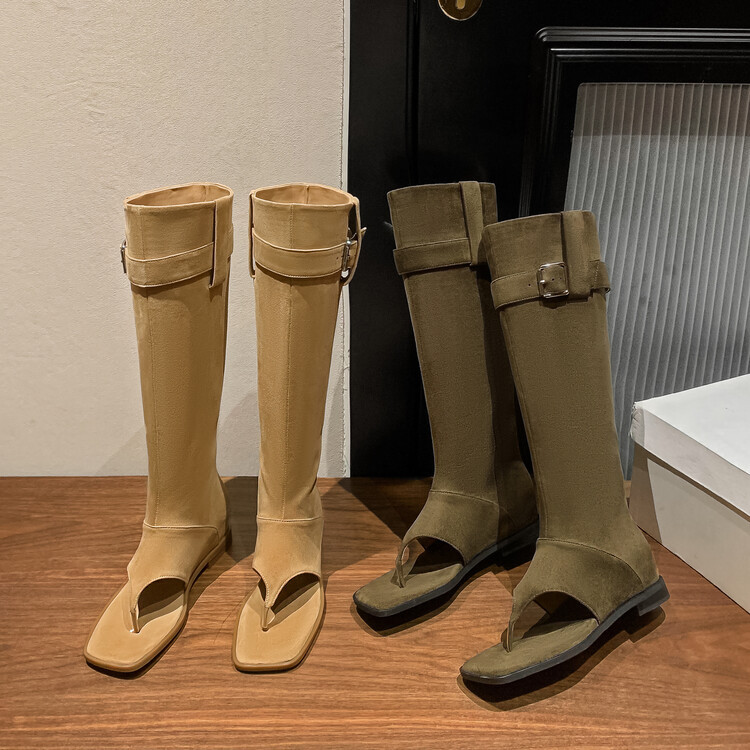Boot nữ cổ cao ôm bắp chân da thật phong cách miền Tây — mơ, nâu chi tiết 76